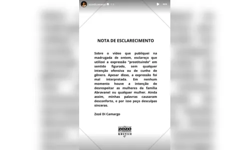 
							Zezé Di Camargo publica nota após polêmica com SBT: 