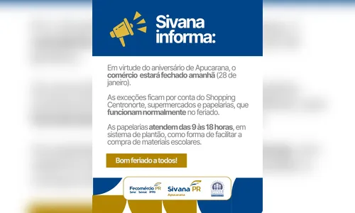 
							O que abre e fecha no aniversário de Apucarana nesta quarta-feira (28)
						
						