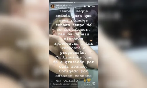 
							Pai de Isabel Veloso revela quadro de saúde da filha que segue na UTI
						
						