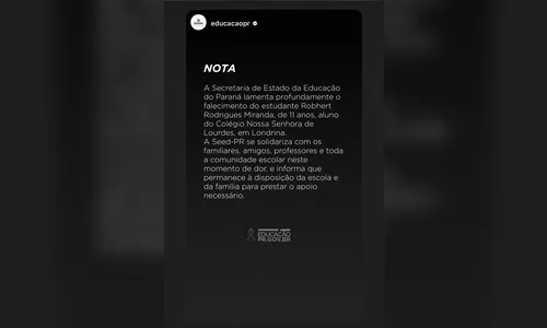 
							Estudante de 11 anos morre após se engasgar com lanche em colégio no PR
						
						