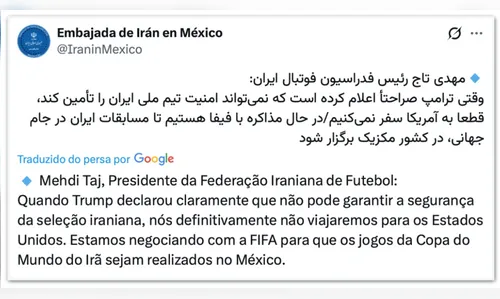 
							Irã desiste de abandonar a Copa e abre negociação para mandar seus jogos no México
						
						