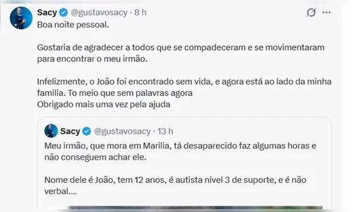 
							Menino autista de 12 anos é encontrado morto em estação de esgoto em Marília (SP)
						
						