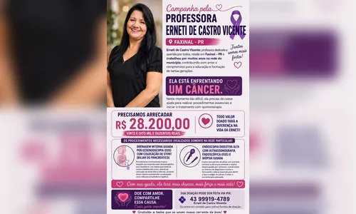 
							Professora de Faxinal inicia campanha para custear tratamento contra câncer
						
						