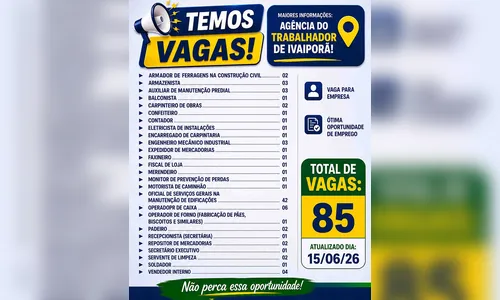 
							Sine oferta 85 vagas de emprego em Ivaiporã; confira
						
						