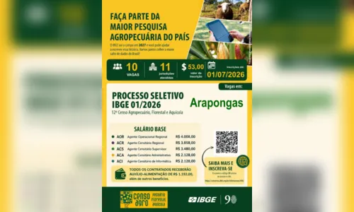 
							Em Arapongas, IBGE está com inscrições abertas para 10 vagas temporárias; confira
						
						