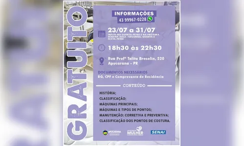 
							Apucarana oferta curso gratuito de manutenção de máquinas de costura para mulheres
						
						
