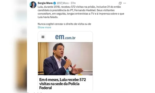 
							Moro cita 572 visitas a Lula e critica decisão que proíbe o senador Flávio Bolsonaro de encontrar Jair Bolsonaro
						
						