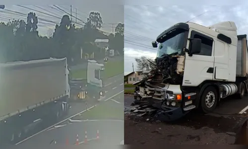 
							Vídeo mostra acidente entre dois caminhões em trevo da BR-376 em Apucarana; veja
						
						