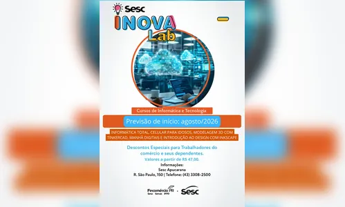 
							Sesc Apucarana abre inscrições gratuitas para cursos de tecnologia do Inova Lab
						
						