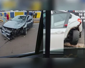 Imagens mostram momento em que carro voa sobre faixa elevada e colide contra BMW em Apucarana