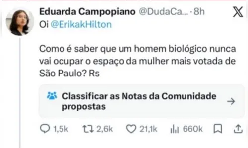 
							Eduarda Campopiano chama Erika Hilton de 