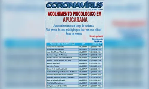 
							Grupo de psicólogos faz atendimento gratuito online em Apucarana
						
						