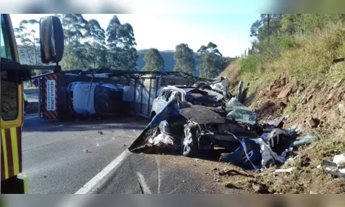 
						
							Caminhão-cegonha carregado com carros de luxo tomba na BR-376
						
						