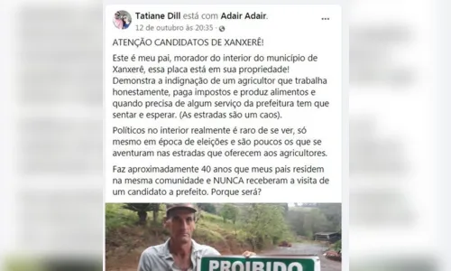 
							Agricultor coloca placa em propriedade, proibindo a entrada de políticos
						
						