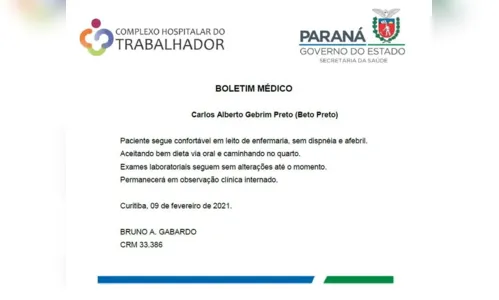 
							Secretário Beto  Preto está sem falta de ar e sem febre
						
						