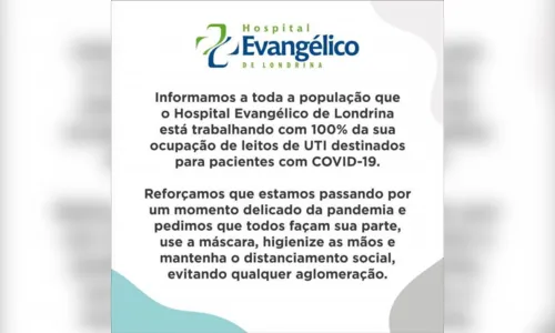 
							Taxa de ocupação de leitos UTI covid atinge 100% no Hospital Evangélico
						
						