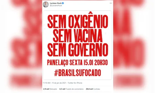 
						
							Luciano Huck convoca panelaço nesta noite de sexta-feira
						
						