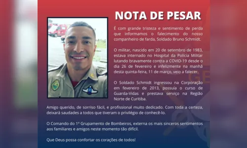 
						
							Bombeiro de 38 anos morre vítima de Covid-19 no Paraná
						
						
