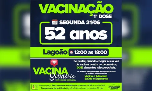 
						
							Apucarana vacina pessoas de 52 anos nesta segunda-feira
						
						