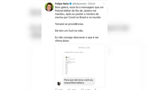 
						
							Felipe Neto sofre ameaça após publicação sobre Covid-19
						
						