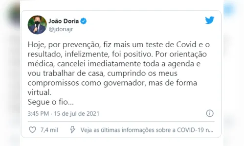 
						
							João Doria testa positivo para Covid pela segunda vez
						
						