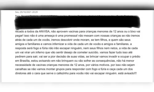 
							Anvisa recebe ameaça para negar vacinação em crianças
						
						