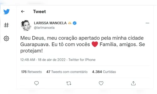 
						
							Larissa Manoela se solidariza com moradores de Guarapuava
						
						