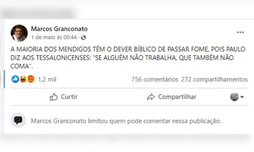 
						
							'Mendigos têm que passar fome', diz pastor em publicação
						
						