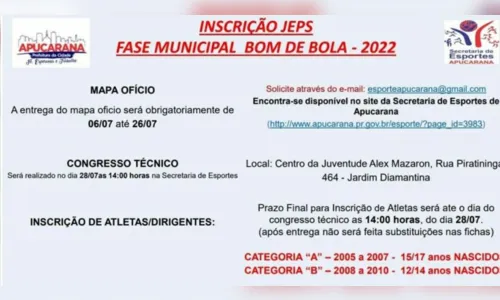 
							Apucarana: Secretaria de Esportes abre as inscrições para Bom de Bola
						
						
