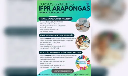 
							Oportunidade: Conheça os cursos gratuitos do IFPR Campus Arapongas
						
						