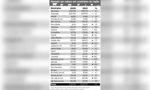 
						
							Rebanhos recuam 13,4% na região, mostra pesquisa do IBGE
						
						