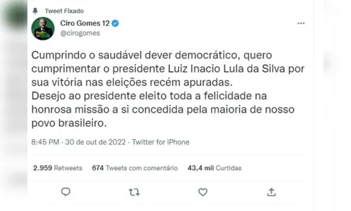 
						
							Ciro Gomes se pronuncia sobre resultado das eleições; confira
						
						