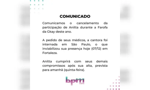
						
							Anitta é internada novamente e cancela participação na Farofa da Gkay
						
						
