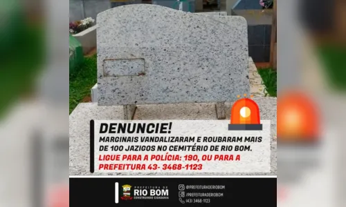 
						
							Mais de 100 túmulos são vandalizados no cemitério de Rio Bom
						
						