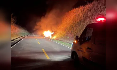 
							Camionete fica destruída por fogo após acidente na Rodovia do Milho
						
						