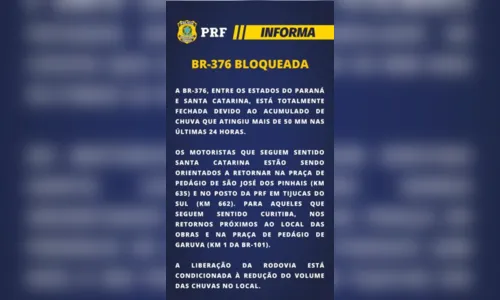 
						
							Chuvas interditam totalmente BR-376 entre Paraná e Santa Catarina
						
						