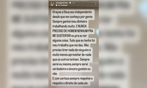 
						
							'Nunca precisei de homem nenhum pra me sustentar', diz Gretchen
						
						