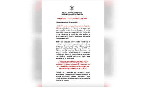 
						
							BR-376 é interditada novamente nesta quinta-feira (2) entre PR e SC
						
						