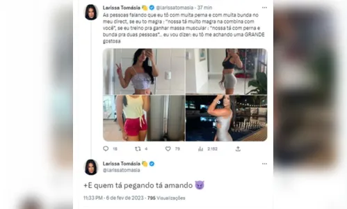 
						
							Ex-BBB Larissa Tomásia recebe críticas sobre seu corpo e rebate haters
						
						