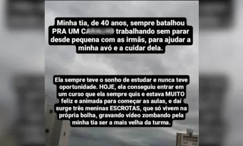 
						
							Vídeo mostra universitárias zombando de colega por ela ter 40 anos
						
						