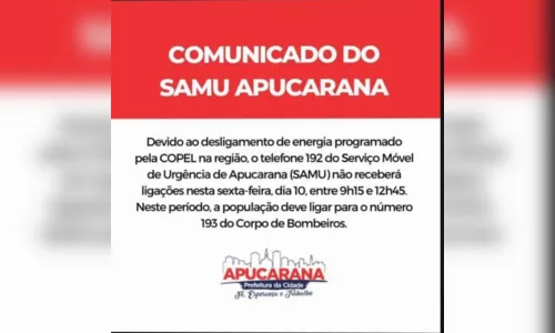 
						
							Samu de Apucarana não poderá receber ligações na manhã desta sexta
						
						