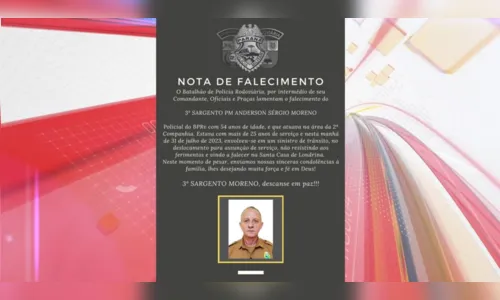 
						
							Sargento da PRE que sofreu acidente de moto morre no hospital
						
						