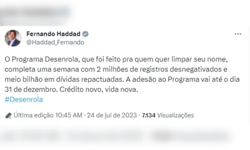 
						
							Desenrola: em 1 semana, 2 milhões de pessoas limparam nome, diz Haddad
						
						