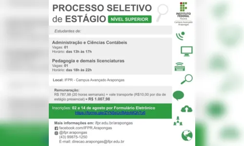 
						
							IFPR de Arapongas abre inscrições para estágio remunerado; saiba mais
						
						