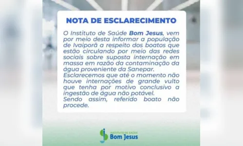 
						
							Boato sobre contaminação da água em Ivaiporã é desmentido pela Sanepar
						
						