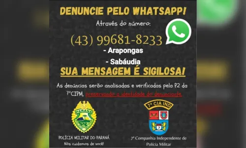 
						
							PM de Arapongas disponibiliza canal de denúncia pelo WhatsApp; confira
						
						