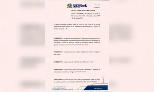 
						
							Ivaiporã decreta luto oficial pela morte do vice-prefeito Marcelo Reis
						
						