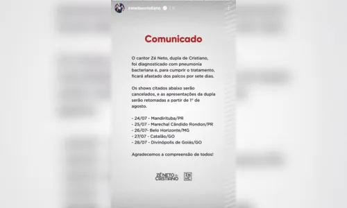 
						
							Zé Neto fica doente e shows são cancelados; saiba o que aconteceu
						
						