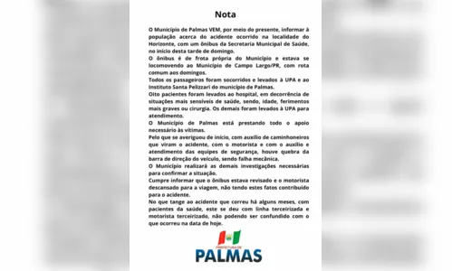 
						
							Acidente com ônibus de Palmas deixa 19 pessoas feridas na PR-280
						
						