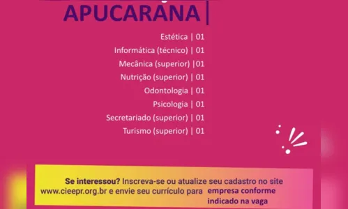 
						
							Apucarana e Arapongas têm 222 vagas de estágio remunerado; saiba mais
						
						